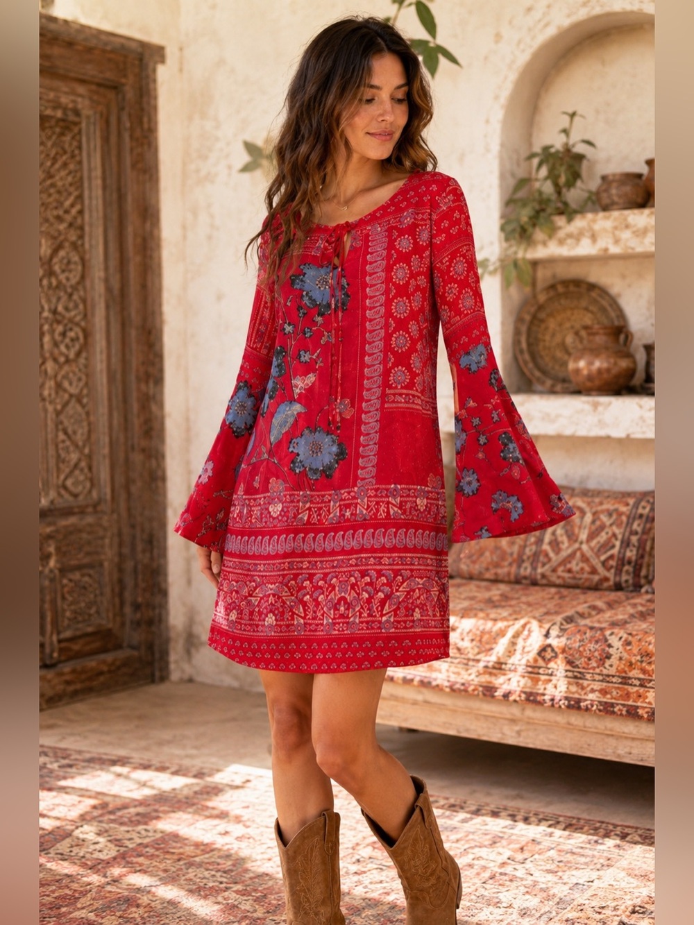 Vanessa Virginia Red Silk Floral Boho Shift Dress Bell Sleeve US 8
